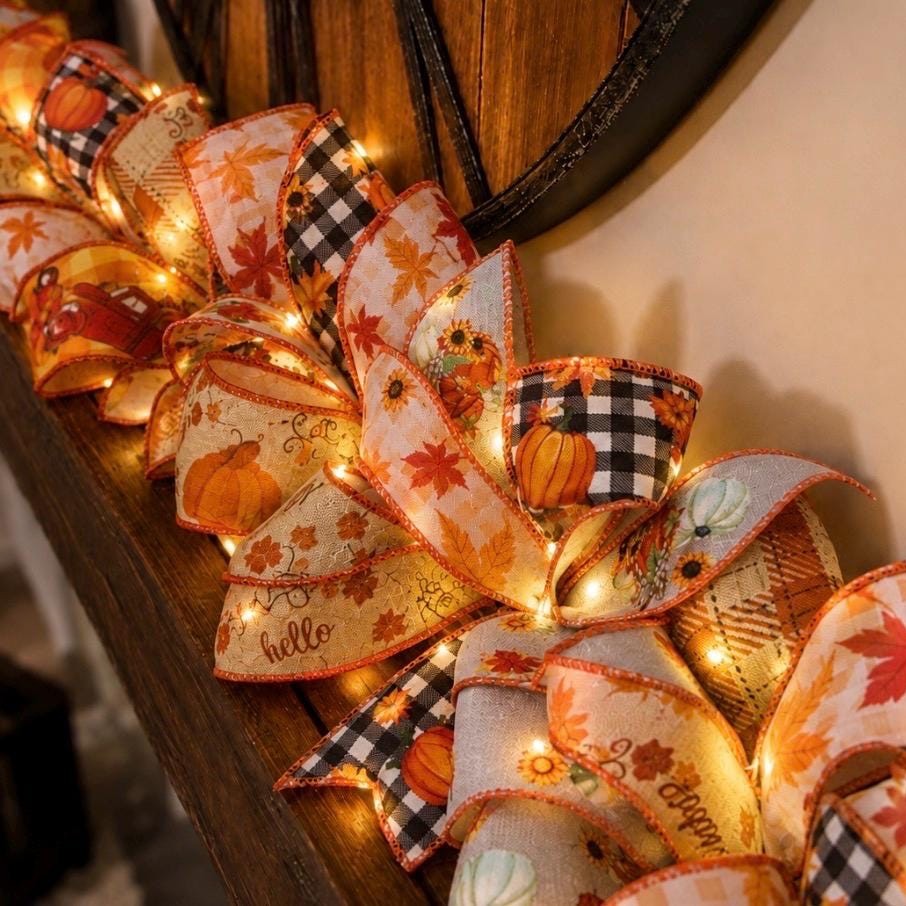 Handmade Fall Ribbon Garland with Lights