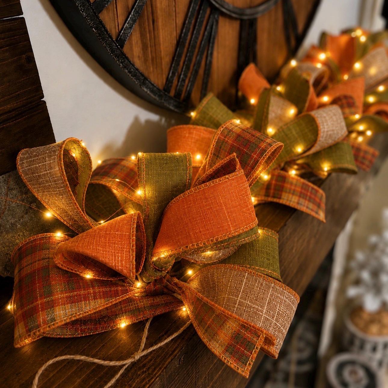 Handmade Fall Plaid Ribbon Garland with Fairy Lights