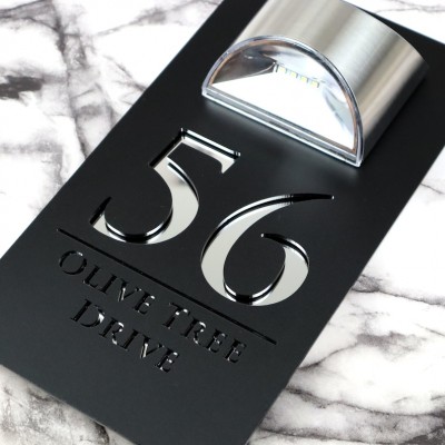 Modern Black Mirror House Sign with Solar Light