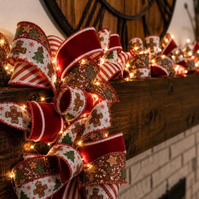 Handmade Gingerbread Christmas Ribbon Garland with Fairy Lights