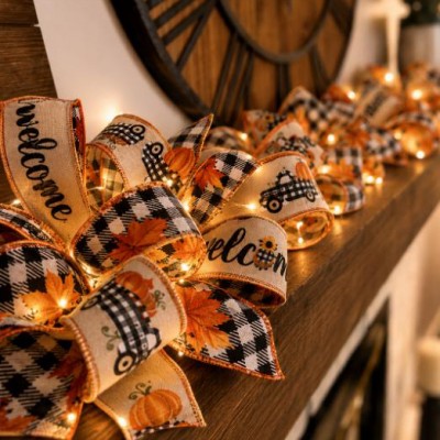 Pumpkin Mantel Fall Ribbon Garland with Warm White Lights